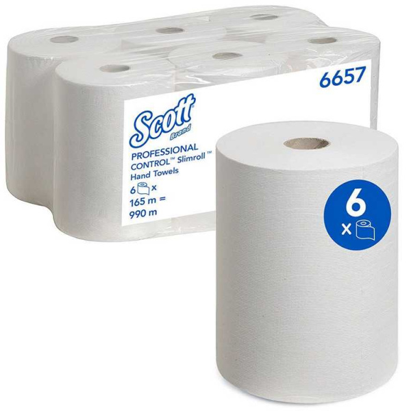 SCOTT Control Slimroll Rollenhandtücher 1-lagig, weiß, 19,8 cm x 165 m 6 Rl. Pal. = 54 Beutel