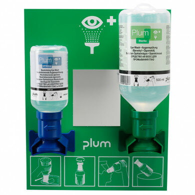 Plum Augen-Notfallstation offen 2 Flaschen inkl. Wandhalter Piktogramm Spiegel und Augen-Notfallplan