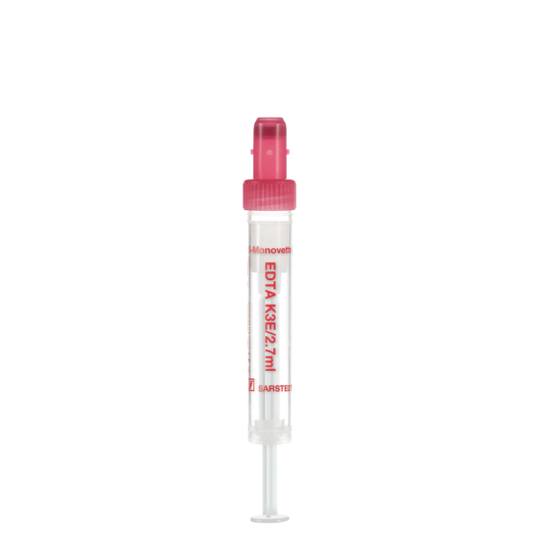 S-Monovette® EDTA K3E, 2,7 ml, rote Kappe, (LxØ): 66 x 11 mm, mit Kunststoffetikett