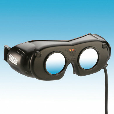 LED Nystagmusbrille schwarz Kabelversion mit Schaltgehäuse und Netzteil inkl. Clip-Kopfband